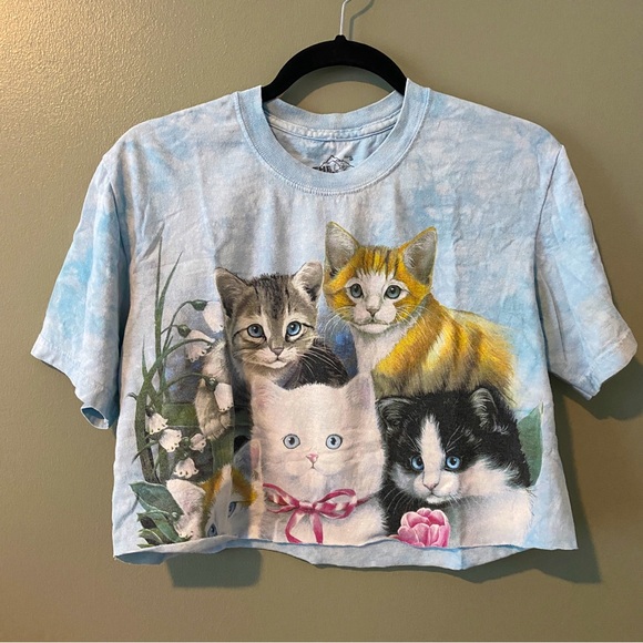 Taylor Swift Inspired Raw Hemmed, Cropped Tie Dye Blue Graphic T-Shirt with Cats - Picture 2 of 7